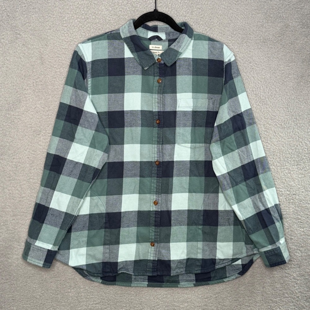 LL Bean Mens XL Relaxed Fit Flannel Shirt Green Navy Buffalo Check 520575